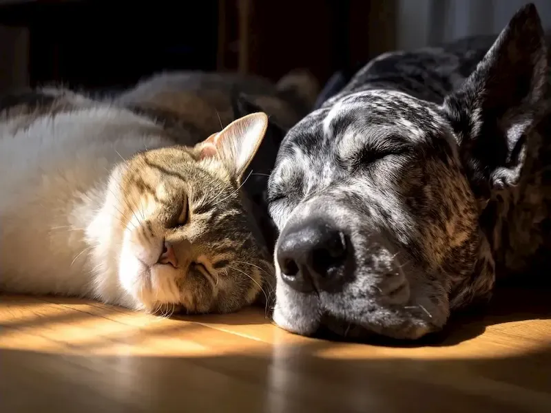 Perro y gato senior descansando en casa