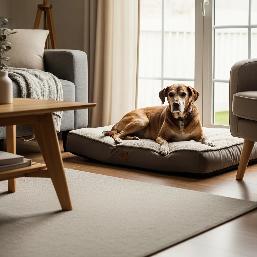 Mascota senior en una escena tranquila como apoyo visual para hogar adaptado
